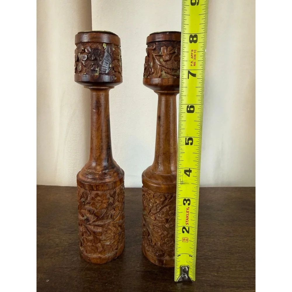 VTG PAIR‎ (2) Hand Carved Teak Wood Candle Holders Brass Inserts 8